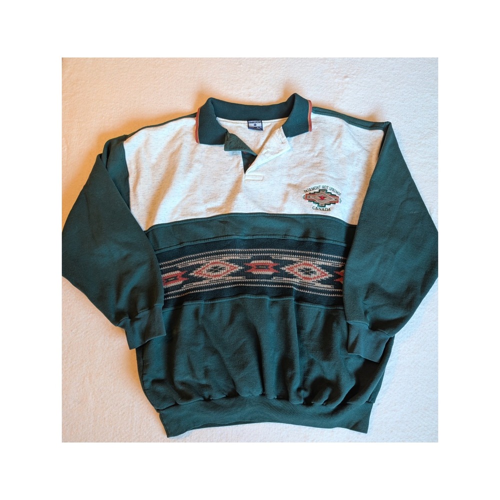 Vintage 90s Cityscape Fairmont Hot Springs Canada Sweatshirt XL Aztec Design